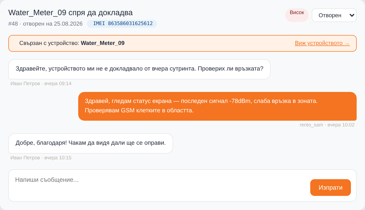 findy IoT Platform support ticket conversation
